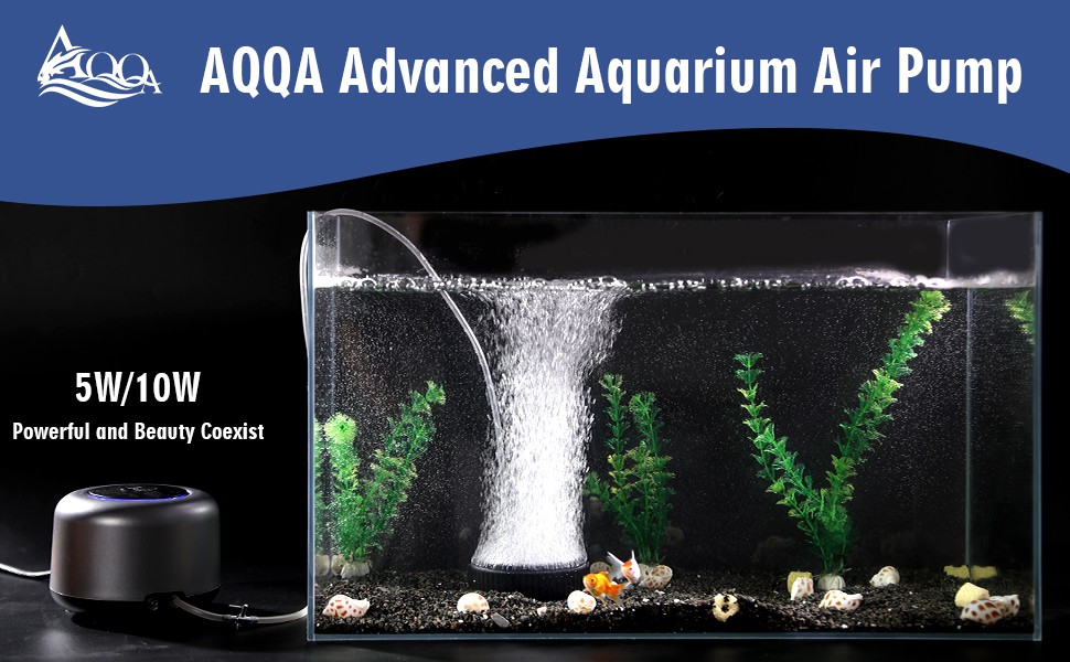 AQQA Aquarium Air Pump ,5W 10W Powerful 2 Outlets,Fashion Ultra-Quiet  Energy-Saving Oxygen Pump Adjustable 4 Airflow Rate Grades,Freshwater and  Marine Fish Tank - AQQA-Make fish keeping easier!