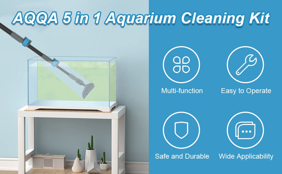 COVVY 5 in 1 Professional Aquarium Fish Tank Cleaning Set Fish Net + Rake +  Scraper + Fork + Sponge Brush Glass Aquarium Cleaner Tool Kit