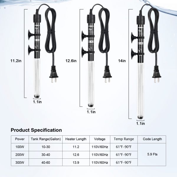  AQQA Aquarium Heater 300W for 80-95 Gallon Fish Tank Heater  Aquarium Submersible Heater Betta Fish Heater Aquarium Thermostat Heater  for Freshwater Saltwater Fish Tanks (300W for 80-95 Gal) : Pet Supplies